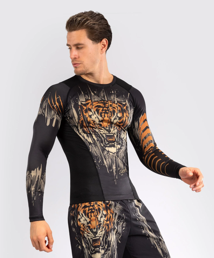 Venum Tiger Men's Long Sleeve Rashguard - Black/Neon Orange